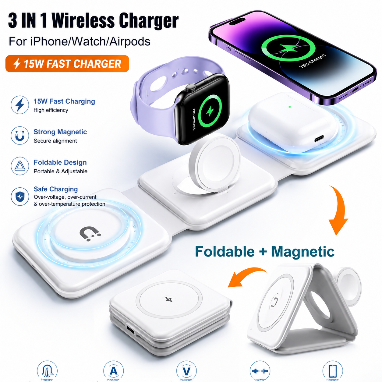 3 in 1  Wireless Charger Pad for iPhone 16 15 14 13 Pro Max Apple Watch 9 8 AirPods Chargers