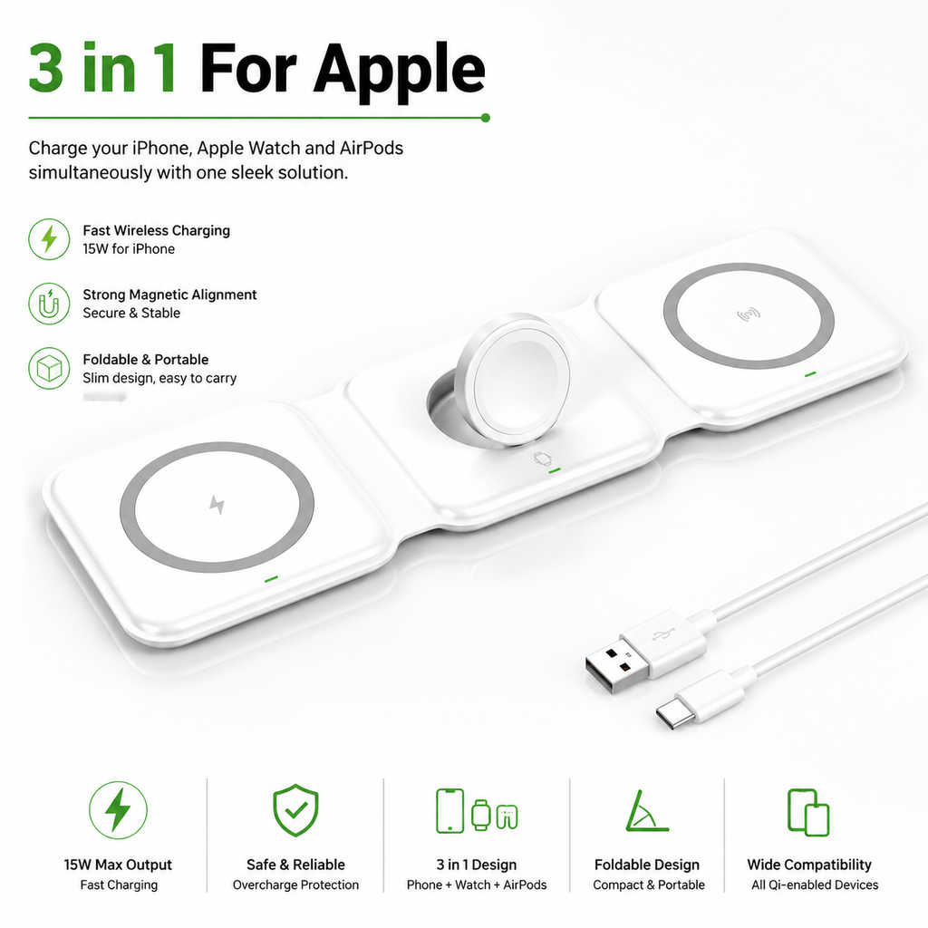 3 in 1  Wireless Charger Pad for iPhone 16 15 14 13 Pro Max Apple Watch 9 8 AirPods Chargers