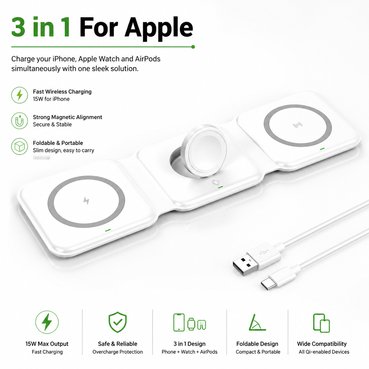 3 in 1  Wireless Charger Pad for iPhone 16 15 14 13 Pro Max Apple Watch 9 8 AirPods Chargers