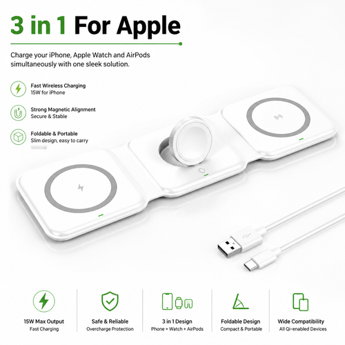 3 in 1  Wireless Charger Pad for iPhone 16 15 14 13 Pro Max Apple Watch 9 8 AirPods Chargers