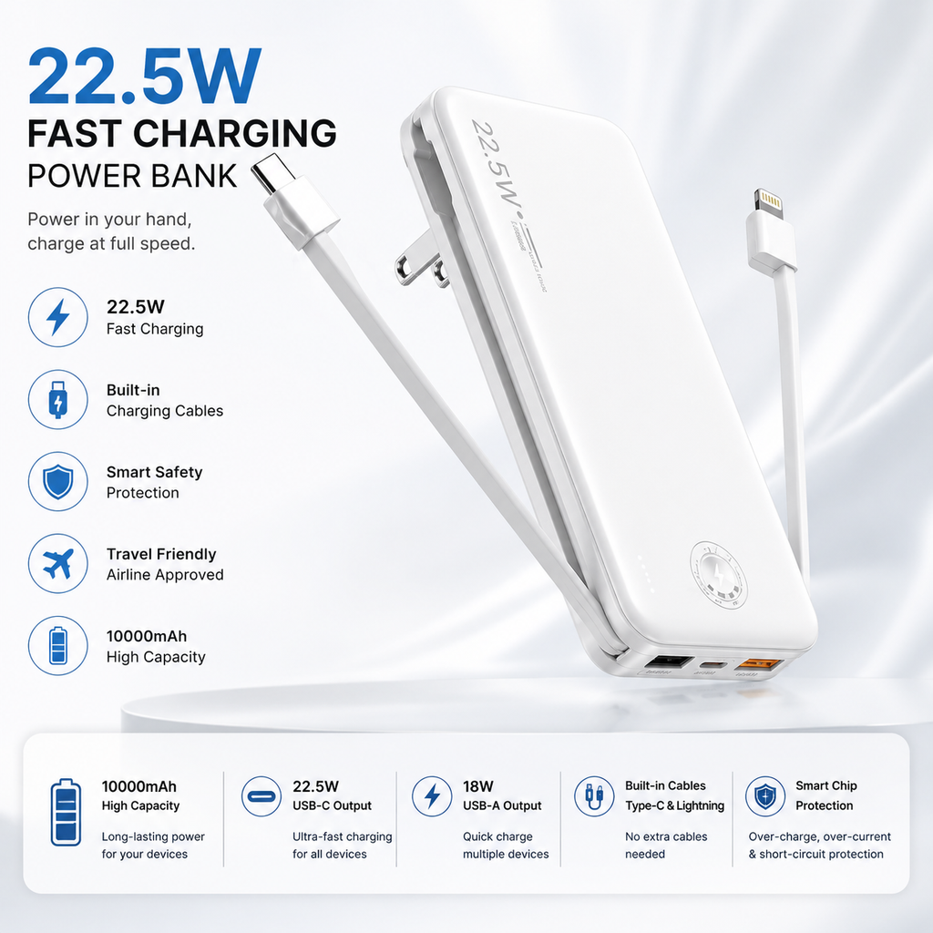 12000mAh Portable Power Bank with Built-in Cables & Wall Plug