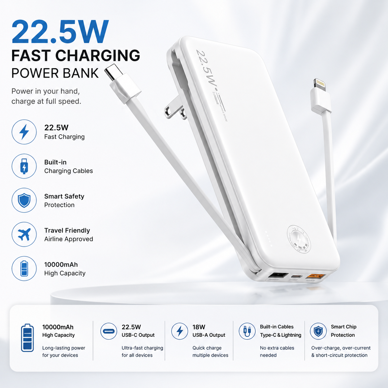 12000mAh Portable Power Bank with Built-in Cables & Wall Plug