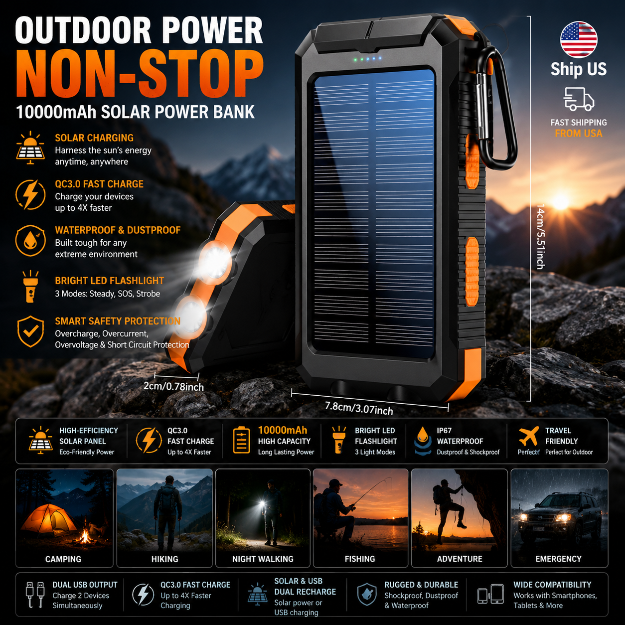 10000mAh Solar Power Bank – Waterproof QC3.0 Fast Charger with LED Flashlight