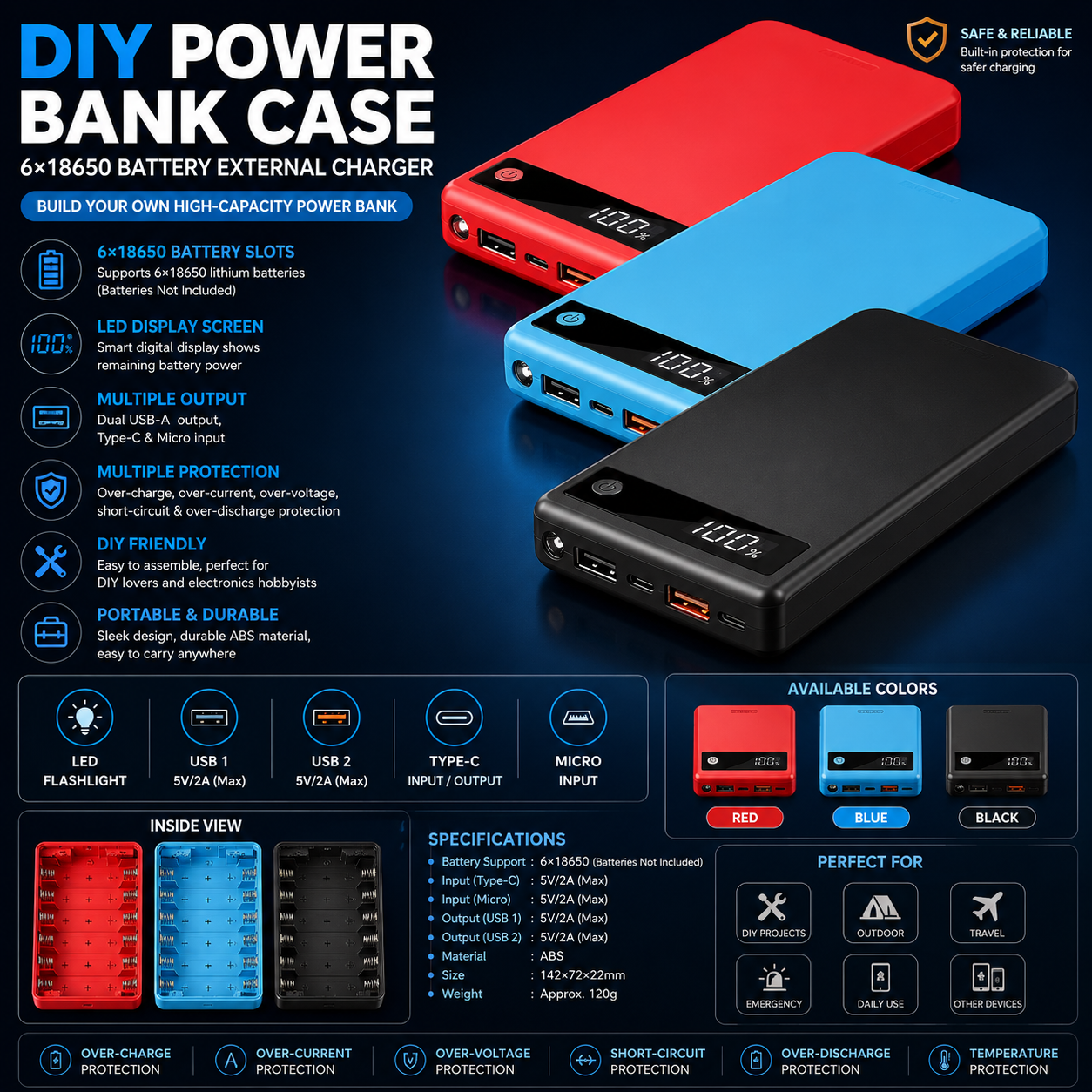 DIY 6×18650 Power Bank Case with LCD Display – Micro USB & Type-C Battery Box