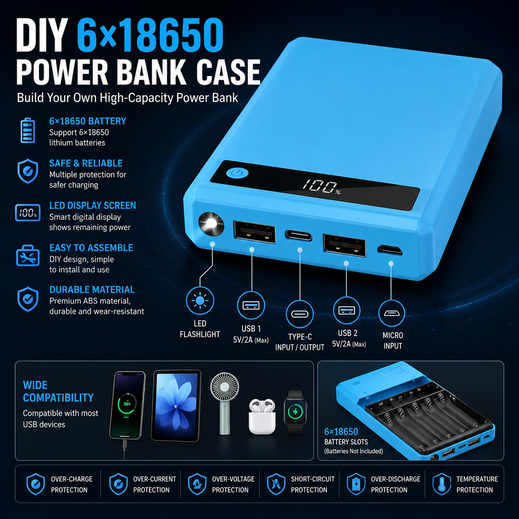 DIY 6×18650 Power Bank Case with LCD Display – Micro USB & Type-C Battery Box