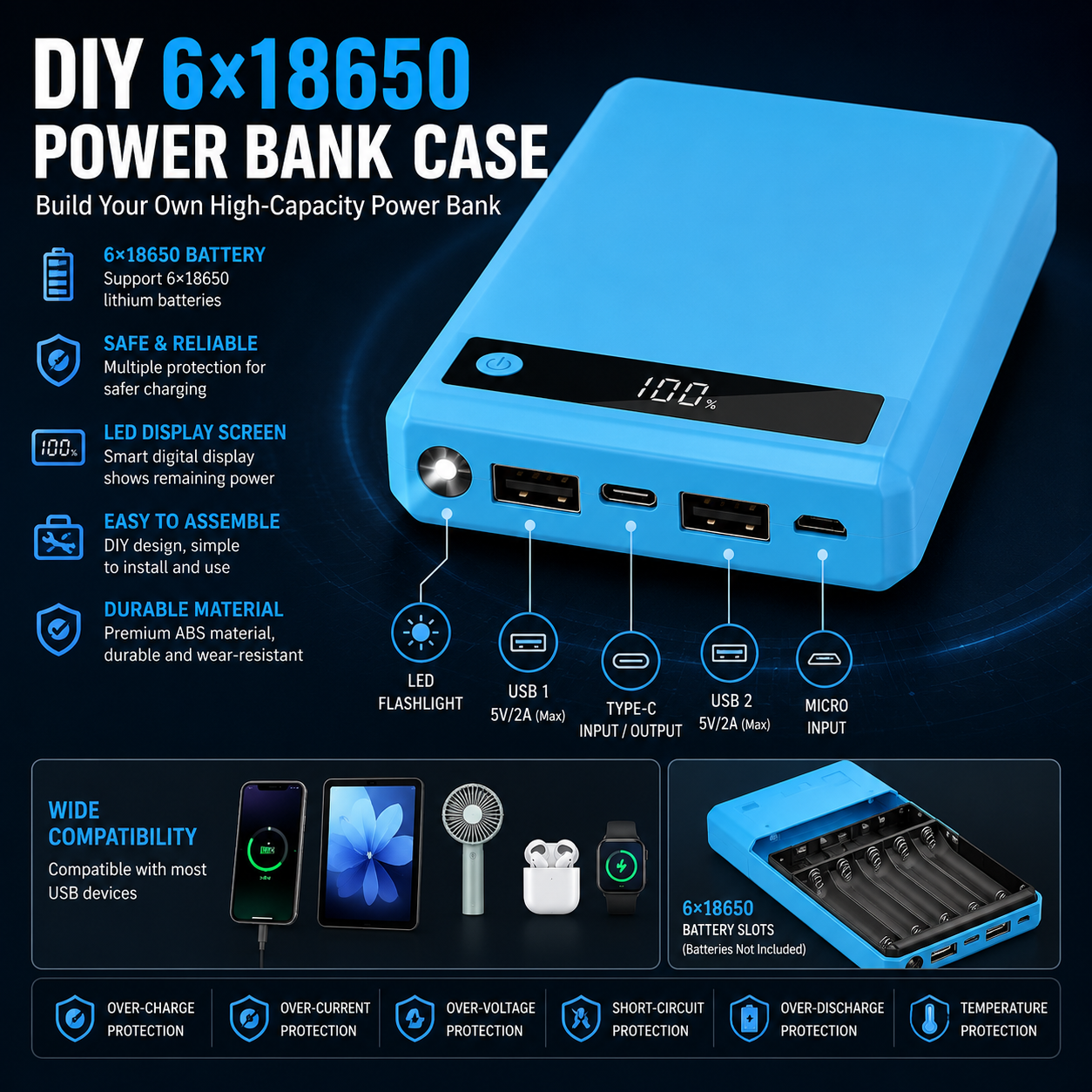 DIY 6×18650 Power Bank Case with LCD Display – Micro USB & Type-C Battery Box