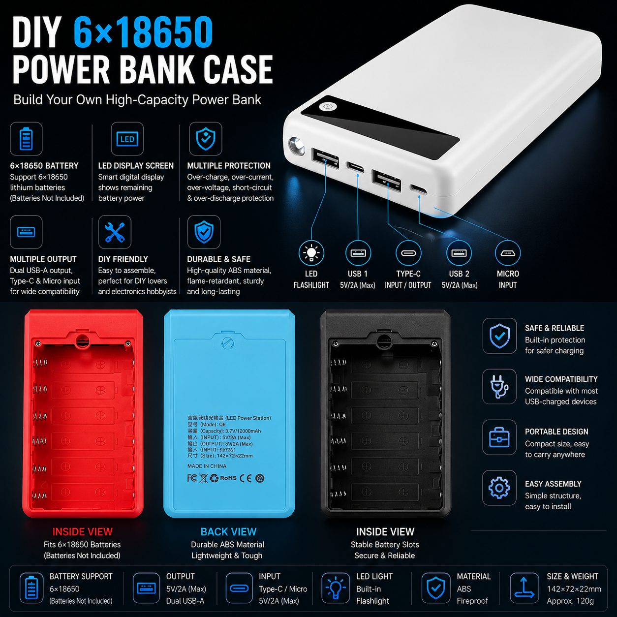 DIY 6×18650 Power Bank Case with LCD Display – Micro USB & Type-C Battery Box